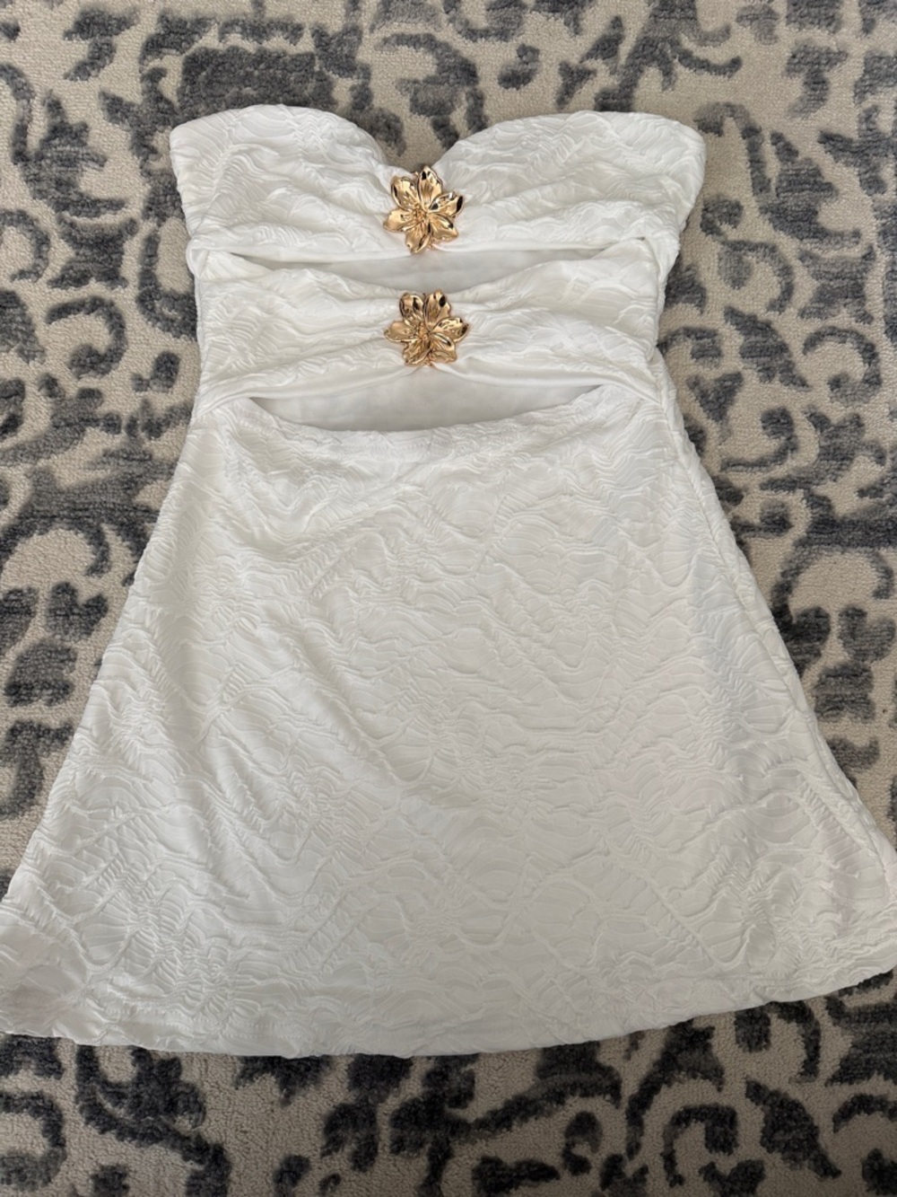 Strapless White Textured Mini Dress with Gold Floral Accents
